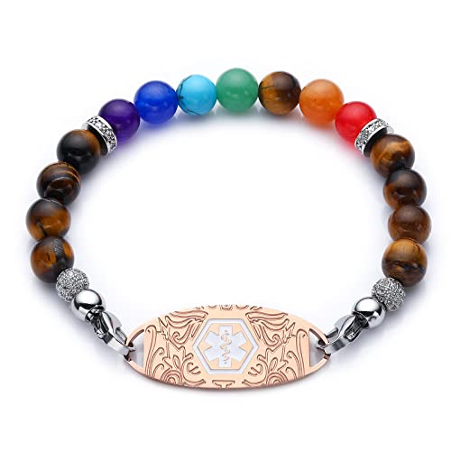Medical Alert Bracelets For Women & Men, Customized Medical Id Bracelets With Free Engraving, Seven Chakras & Cz Beaded Medical Bracelet With Replaceable Stainless Steel Id Tag (Tiger Eye Stone) #TOP5