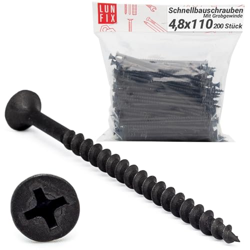 Vis placo à fixation rapide 4,8x110 mm, 200 pièces, auto perceuse, cloison seche, plaques platre, ossature metal, filetage grossier, tete trompette, placoplâtre,...
