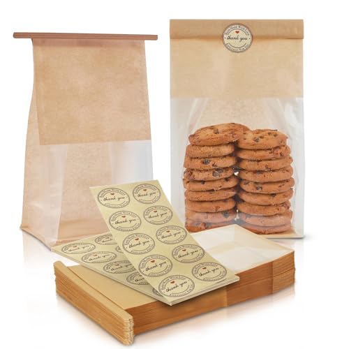 O’Creme 50 Pcs. Small Bakery Bags with Window, Cookie Bags Brown Paper Bag with Resealable Tin Tie Tab for Cookies, Treats, Baked Goods, Muffins, Pastries, Granola, Coffee Beans (11”x5”x4”)
