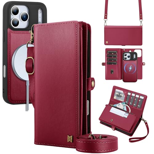 MEGSHI for Wallet Case Compatible with iPhone 17 Pro,Multi-Function Detachable 2 in 1 Magnetic iPhone 17 Pro Case Wallet,Flip Strap Zipper Card Holder Phone Case with Shoulder Straps (Red) by MEGSHI - Used condition - US$8.38