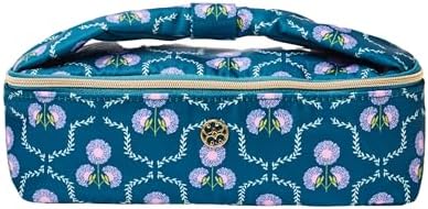 Mary Square Kiss and Make Up Mini Bag - Venice Vines Teal Floral Print Small Cosmetic Pouch and Beauty Organizer with Bow Carry Handle - 9 x 2.5 x 3 Compact Travel Makeup Case with Gold Hardware image 2