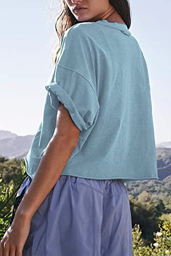 Image of HUGOOME Womens Oversized Workout Crop Top Casual Short Sleeve Boxy Roll Hem