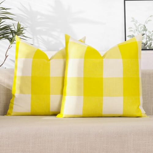 Light Butter Yellow Buffalo Plaid Outdoor Throw Pillow Cover 18x18 Set of 2