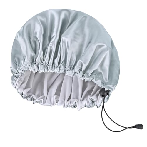 Yonchic Satin Shower Cap for Men Women, Waterproof Large Bath Cap Silver