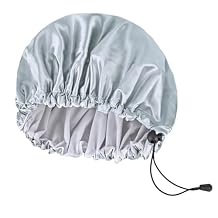 Shower Cap for Men Women, with Adjustable Ties, Satin PEVA Double Layer Waterproof Bath Caps, Reusable Large Size Hair Cap with Elastic Band for All Hair Lengths Silver