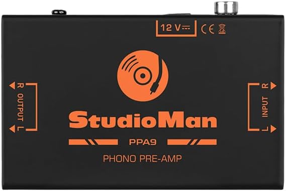 StudioMan PPA9 Phono Preamp, Black, Mini Stereo Preamplifier with RCA Input/Output, 12V DC Power Supply