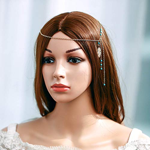 Asooll Gold Boho Turquoise Head Chain Feather Tassel Headband Layered Jewelry Festival Headpieces Prom Custume Accessories for Women and Girls