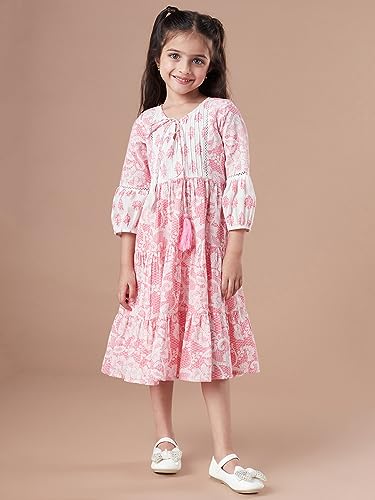 Image of Pspeaches Girls Tiered Floral Print Tie-Up Neck A-Line Midi Cotton Dress (Pink)