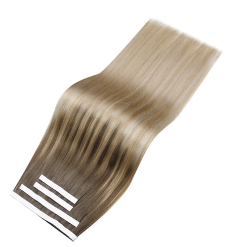 Image of LaaVoo Genius Tape in Weft Hair Extensions Invisible Tape in Hair Extensions Ombre Light Brown to Blonde Tape Weft Hiar Extension Remy Human Hair 22inch 4pcs 120g