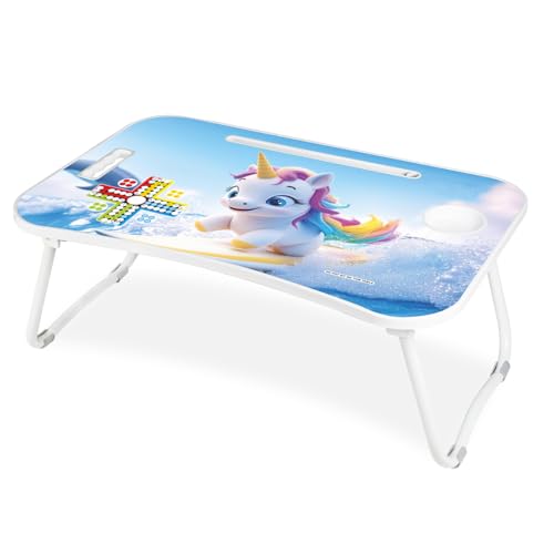 Image of Amazon Brand - Jam & Honey Foldable Laptop Table 4+ Years with Cup Holder & Tablet Stand, BIS Certified, Ergonomic Bed Desk with Ludo Game, Portable Study Table, Cute Unicorn Design, Blue