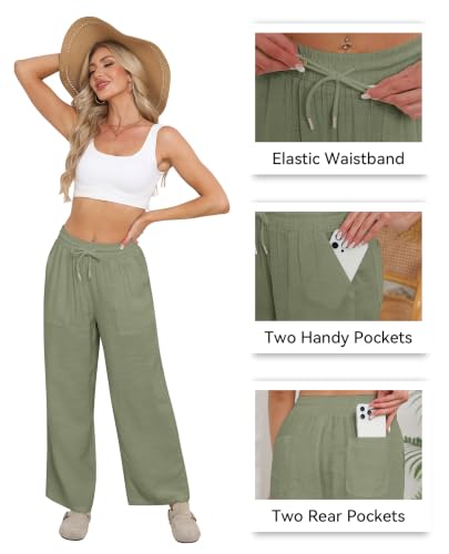 CHANGEOWN Womens Casual Linen Pants Drawstring Flowy Pants Loose Fit Summer Pants with Pockets Lounge Beach Pants, Saga Green, Small — view 5