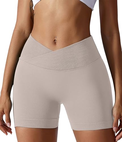 YOAKUKA Women Workout Shorts V Cross High Waist Yoga Shorts Sport Seamless Athletic Booty Scrunch Gym Shorts Beige