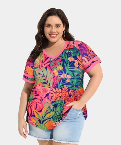 Image of CARCOS Womens Plus Size Tops Short Sleeve Shirts V Neck Tunic Floral /Tie Dye /Solid Summer Tees XL-5X