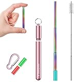 Sunnywoo Collapsible Reusable Straws,Portable Stainless Steel Metal Drinking Foldable Straw with Rose Gold Travel Case & Cleaning Brush & Keychain & Silicon Tips for Adults and Kids (Rainbow Straw)