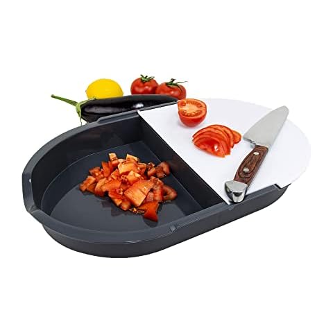 DecoBella 2-Chamber Cutting Board, Chopping Board with Food Container and Optional Strainer, Multi-Purpose Cutting Board, Countertop Easy Food Washer Strainer, Sink Cutting Board (WHITE/GRAY) Cover