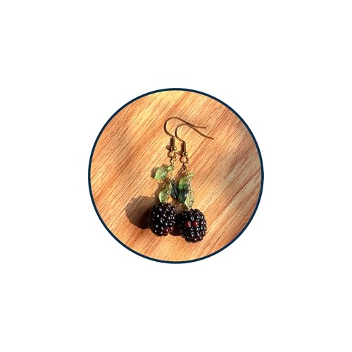 Handmade Blackberry Dangle Earrings for Women, Polymer Clay Fruit Charm Drop with Brass Hoop unique Cottagecore Jewelry Gift for Her (Style3-Leaf)