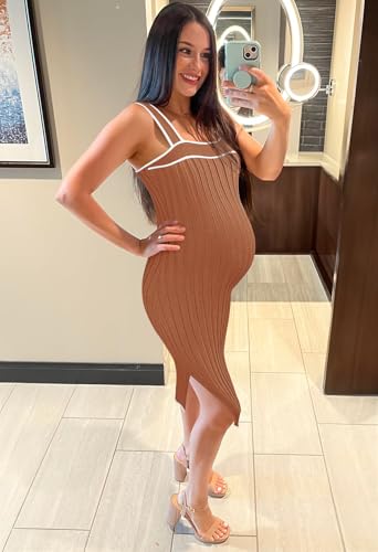 Image of MEROKEETY Womens Summer Striped Bodycon Ribbed Knit Midi Sweater Dress 2026 | Sleeveless Long Tank Dress, Soft, Stretchable, Maternity, Baby Shower, Gender Reveal, Bump Friendly, Beach, Vacation Outfit