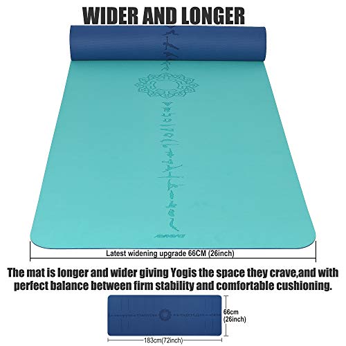 DAWAY Eco Friendly TPE Yoga Mat - Y9 Wide Thick Workout Exercise Mat, Non Slip Grip Pilates Mat, Double-sided Body Alignment Lines, Anti-Tear, with Bag & Strap, 72"x 26" Thickness 6mm