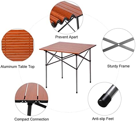 Portal Folding Aluminum Camping Table Square Table Roll Up Top 4 People Compact Garden Table with Carry Bag for Picnic Camp Backyard BBQ, Brown