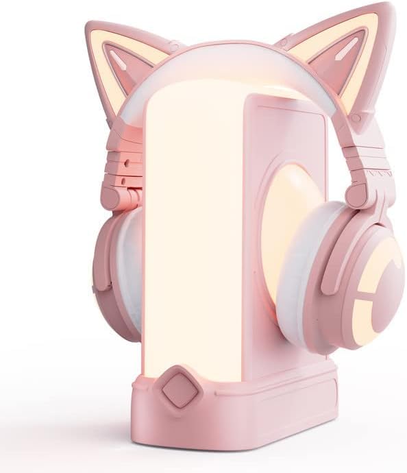 YOWU RGB Cat Ear Headphones CE Pink and Crystal Headphone Stand Pink, Accessories for The Ultimate...
