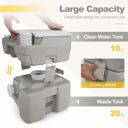 COSTWAY 20L Portable Camping Toilet, Outdoor Flushing Toilet with Level Indicator, Piston Pump Flush & Removable Tank, Emergency Porta Potty for Hiking Caravan (Round Flush Pump,No Level Indicator) - Image 3