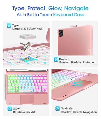 Image of Baisla for iPad (A16) 11th /10th Gen Case with Keyboard,360 Rotating,Trackpad Keyboard for iPad Air 11(M4 /M3 /M2)&iPad Air 5th /4th /Pro 11 4th /3rd /2nd /1st,Rainbow Backlit with Pencil Holder-Metallic Pink