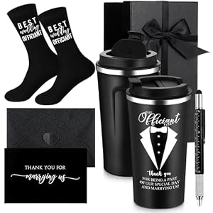 Nuanchu 6 Pcs Officiant Gifts Wedding Proposal Best Officiant Ever Gift 17oz Stainless Steel Coffee Cup Socks Multi Tool Ballpoint Pen with Greeting Card Envelope(Black) Nuanchu 6 Pcs Officiant Gifts Wedding Proposal Best Officiant Ever Gift 17oz Stainless Steel Coffee Cup Socks Multi Tool Ballpoint Pen with Greeting Card EnvelopeBlack