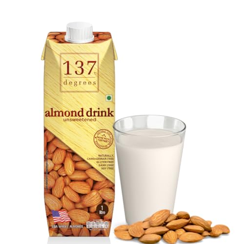 Image of 137 Degrees Almond Drink Unsweetened 1 Litre - Non Dairy , Vegan, Lactose Free, Gluten Free (Pack of 2), Pale Brown