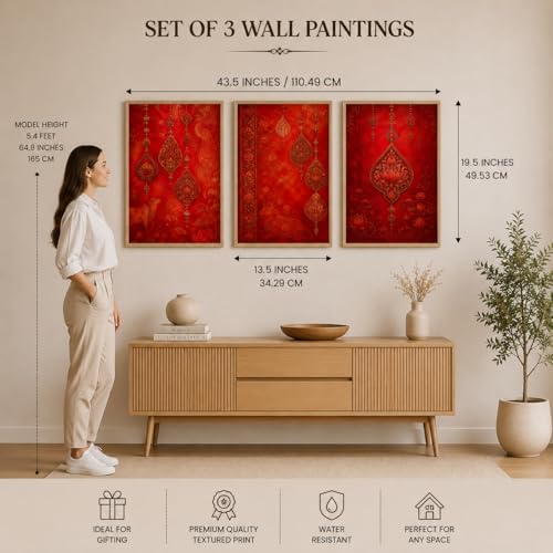 Image of Livin'luxe Set of 3 Red Ethnic Ornament Wall Paintings for Living Room Bedroom Home Decor with Premium Wooden Color Synthetic Frame (13.5 x 19.5 Inch) NM03-96