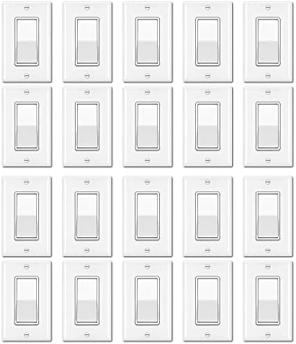 [20 Pack] BESTTEN Single Pole Decorator Wall Light Switch with Wallplate, and 3-Way Decorator Wall Light Switch, 15A 120/277V, On/Off Rocker Paddle Interrupter for LED and other Lamps, UL Listed, Whit