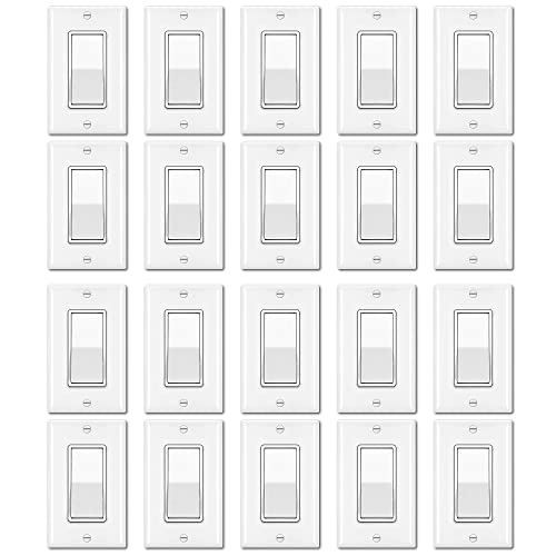 [20 Pack] Bestten Single Pole Decorator Wall Light Switch With Wallplate, And 3-Way Decorator Wall Light Switch, 15A 120/277V, On/Off Rocker Paddle Interrupter For Led And Other Lamps, Ul Listed, Whit #TOP14