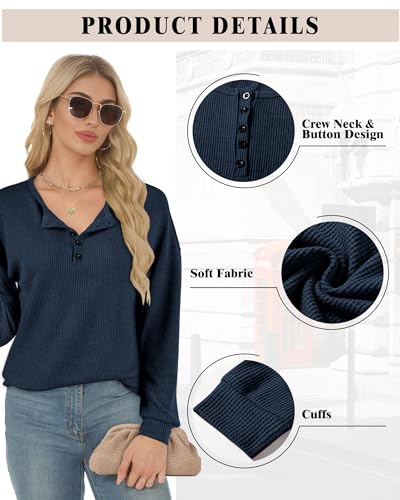 Image of AURUZA Long Sleeve Shirts for Women Henley Shirts Waffle Knit Tops Casual Loose V Neck Tunic Tops Fall Outfits Waffle TShirt