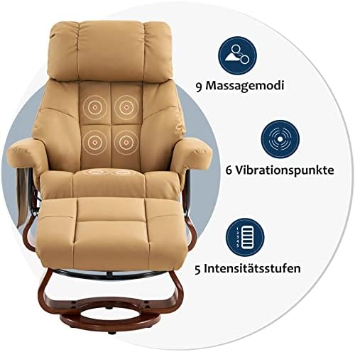 Bild 5 - M MCombo Massagesessel mit Hocker, 360° drehbarer Relaxsessel mit Liegefunktion, moderner TV-Sessel Fernsehsessel mit Seitentasche für Wohnzimmer, Kunstleder, 9068 (Gelbbeige)