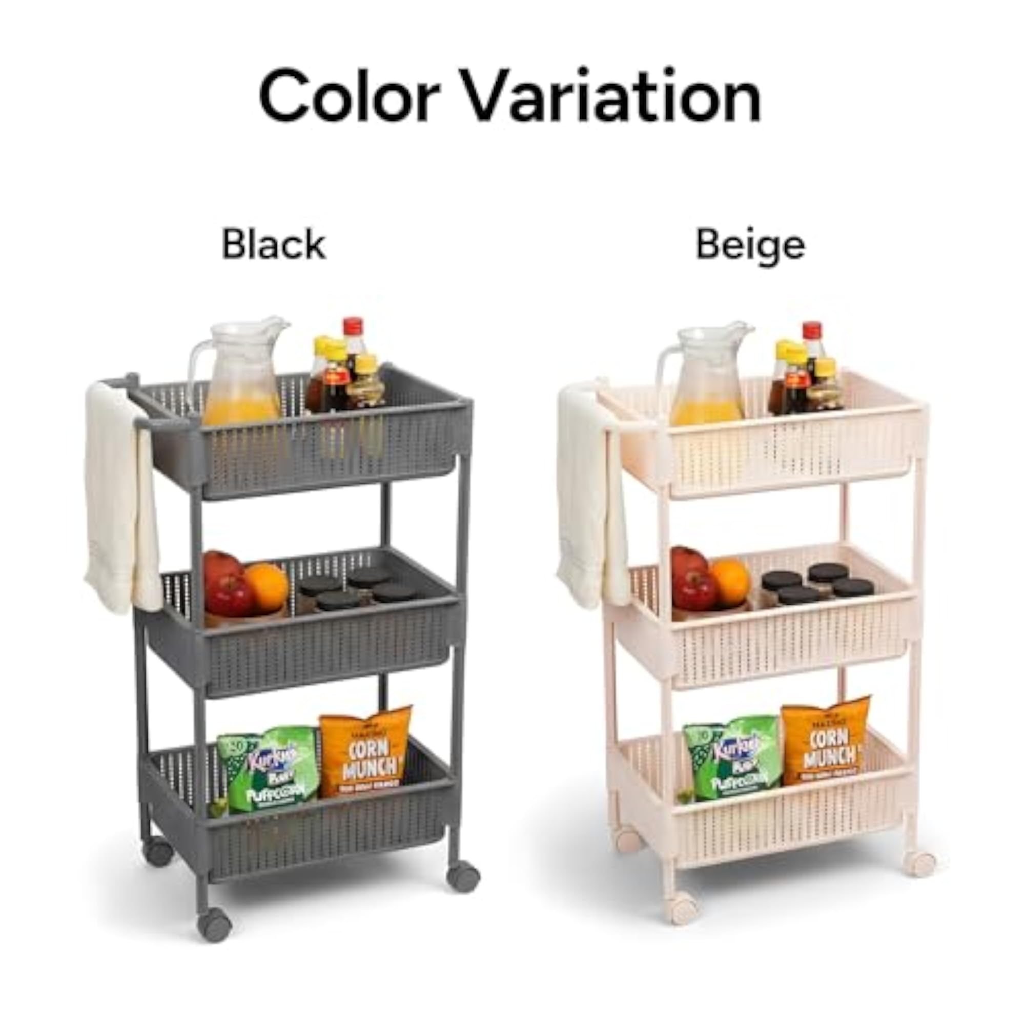 Rope Kitchen Trolley with Wheels, 3-Layer Metal Vegetable Basket Stand