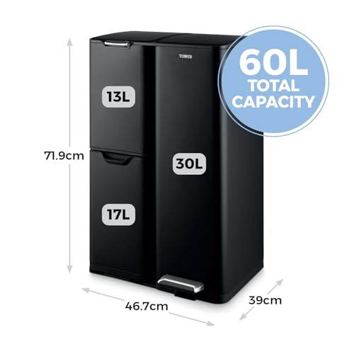 Tower Recycling Pedal Bin, Three Individual Compartments With Removable Inner Buckets, Carbon Steel Body, 60L, Black - 6