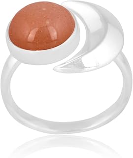 PANOPLY Natural Gemstone Ring For Women Solid 925 Sterling Silver Handmade Jewelry Gift For Her (Peach Moonstone, 8)