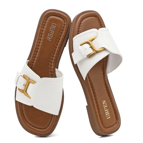 UBFEN Women's Square Toe H-Strap Slide Sandals Trendy Comfortable Summer