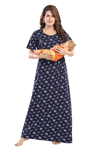 Image of Fabme Women's Full Length Printed Pre and Post Pregnancy Pure Cotton Nursing Nightdress Nighty