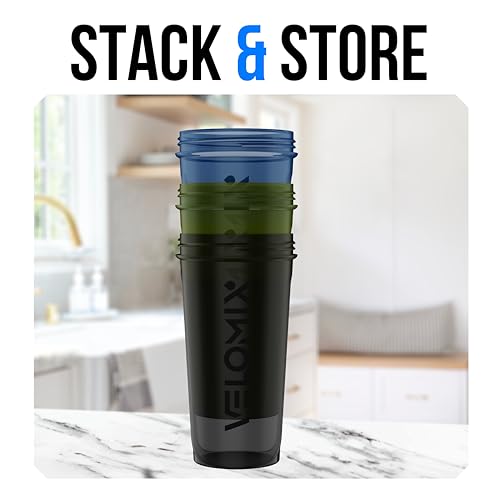VELOMIX -3 PACK- 14 oz Protein Shaker Bottle for Protein Mixes - 1x Wire Whisk | Leak Proof Shaker Cups for Protein Shakes | Stackable Protein Shaker Bottle Pack | Dishwasher Safe