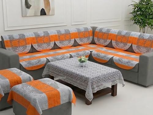 Image of Fab Nation Cotton L Shape Sofa Covers for 5 Seater Sofa Set | Sofa Slipcovers for 3 + 2 Seaters Cover + 2 Setty Covers + 1 Table Cover Set | Orange & White