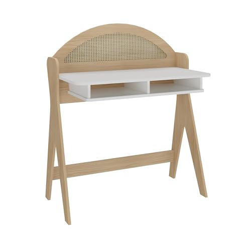 Escrivaninha com nichos impressão palha 3D 100% MDF CECI cor Naturaele/Branco - Artely