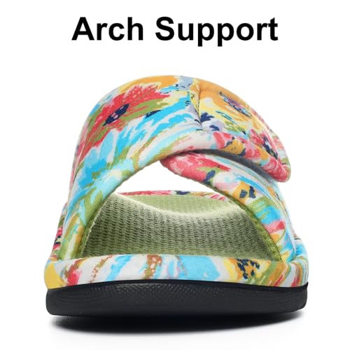 Image of shevalues Summer House Slippers for Women with Arch Support Breathable Waffle Cotton Indoor Slippers Slip on Open Toe Home Shoes