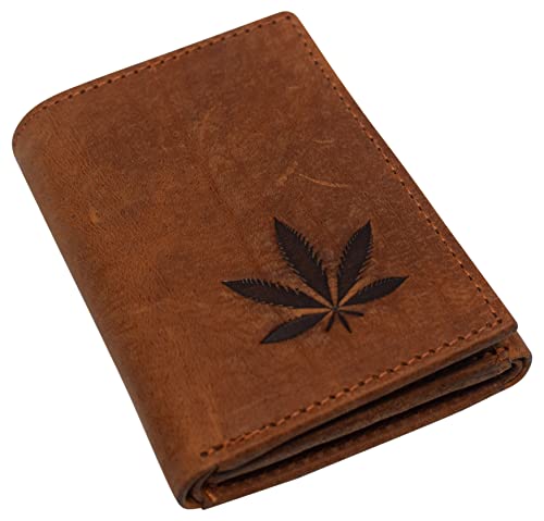 MARSHAL Marijuana Leaf Men's Real Leather RFID Blocking Trifold Wallet with Outside ID Window