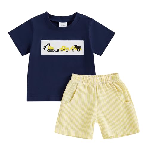 Aiwpstoin Toddler Baby Boy Summer Outfits Embroidered Short Sleeve T Shirt Top Plaid Gingham Boxer Shorts Set (Car Yellow, 2-3T)