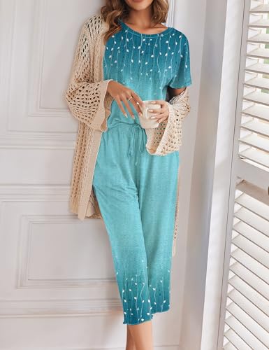 Image of Ekouaer Women's Capri Pajama Sets Print Short Sleeve Sleepwear Top and Capri Pants Soft Loungewear with Pocket