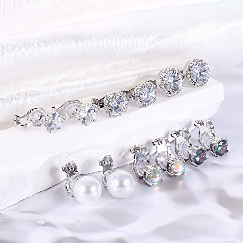 Sailimue Clip On Earrings For Women Girls Sparkly Cubic Zirconia Earrings Moonstone Earrings Pearl Clip On Earrings Hypoallergenic Non Pierced Clip On Earrings Set #TOP6