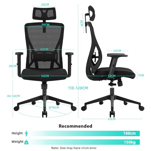Durrafy Silla de oficina ergonómica, silla de escritorio giratoria de malla transpirable con respaldo alto con reposacabezas ajustable, reposabrazos y soporte lumbar, adecuada para el hogar/oficina - imagen 2