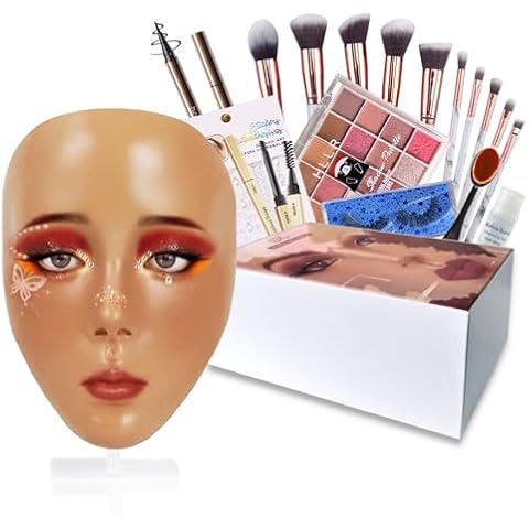 Penugo Makeup Mannequin Face Kit, Silicone Face for Makeup Practice Full Face for Must Haves, Mannequin Eye Face for Makeup Practice with Makeup Brushes Set & Eye Shadow & Eyebrow Pencil(Wheat) Cover