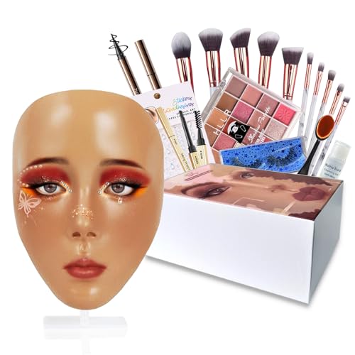 Penugo Makeup Mannequin Face Kit, Silicone Face for Makeup Practice Full Face for Must Haves, Mannequin Eye Face for Makeup Practice with Makeup Brushes Set & Eye Shadow & Eyebrow Pencil(Wheat)