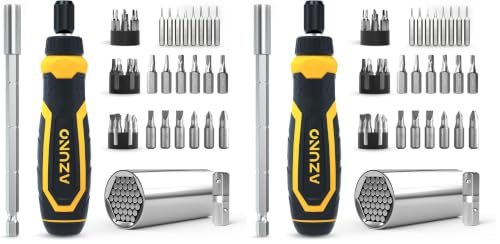Image of AZUNO 24 IN 1 Ratchet Screwdriver Set with Universal Socket, 20 CRV Bits Stored in Handle, 12+8 Slotted /Philips /Torx /Hex /Square Sand Blasted Bits and Chrome Plated Precision bits. (Pack of 2)
